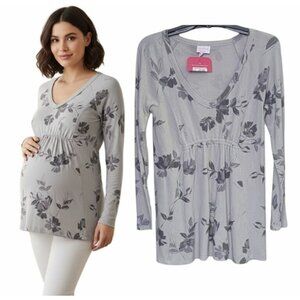 NEW Sz XS Ingrid & Isabel Maternity Women's Waffle Knit Top Shirt Gray Floral LS